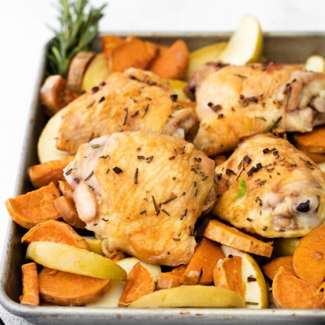 Sheet Pan Chicken Thighs with Sweet Potatoes and Apples - To Simply Inspire