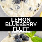 A white bowl of creamy lemon fluff topped with fresh blueberries and a sprig of mint and lemon slices.