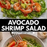 Plate and bowl of avocado shrimp salad with mixed greens, tomatoes, and onions. Text in image: "AVOCADO SHRIMP SALAD" and "www.ToSimplyInspire.com".