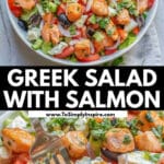 A large white bowl of greek salad with salmon with the dressing drizzled overtop.