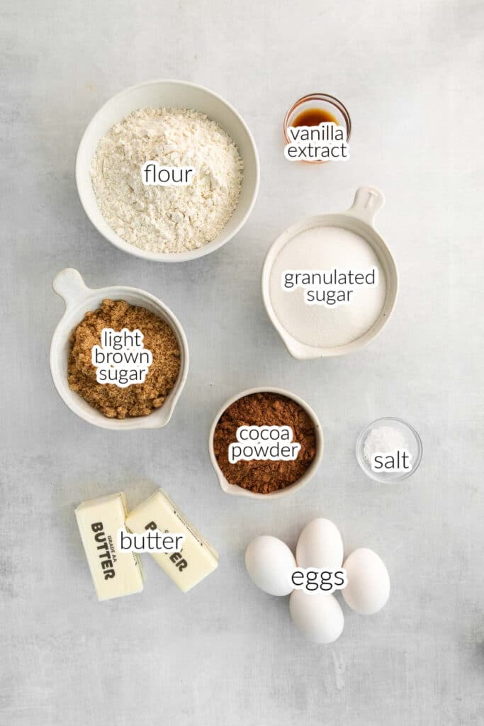 Ingredients for buckeye brownies including bowls of flour, granulated sugar, light brown sugar, cocoa powder, and salt, next to sticks of butter and a cluster of eggs, all labeled accordingly.