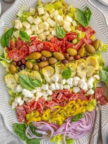 A platter of antipasto salad with two spoons on the side.